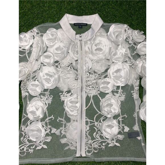 Boston Proper Sheer White Floral Zip-Front Top – M Sexy Luxe Blouse - Picture 4 of 11